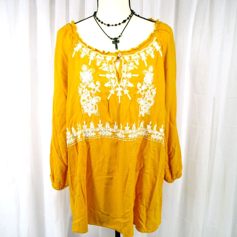 Vintage 80s Embroidery XL Blouse Yellow Top Crinkly Boho Peasant Cottage Rayon